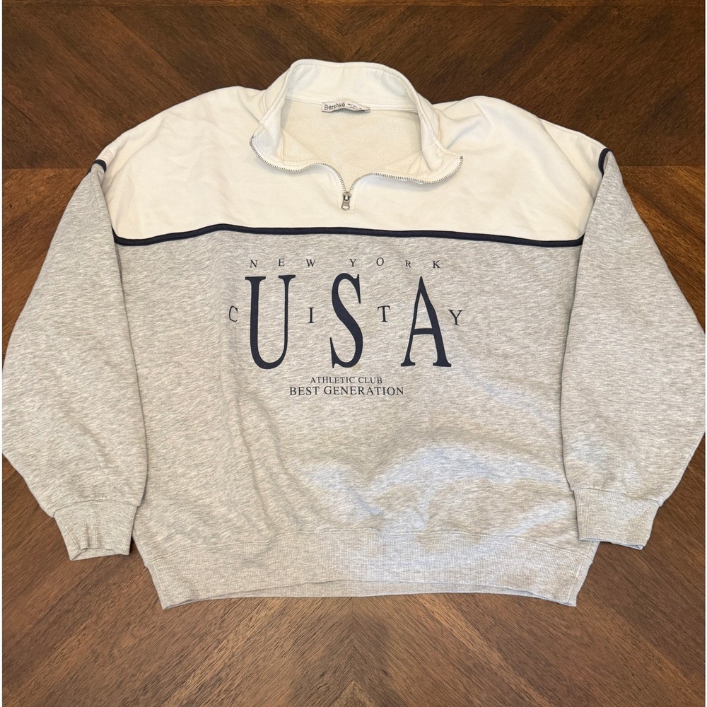 Bershka New York City‎ USA Athletic Club Quarter Zip Sweatshirt Gray White Large